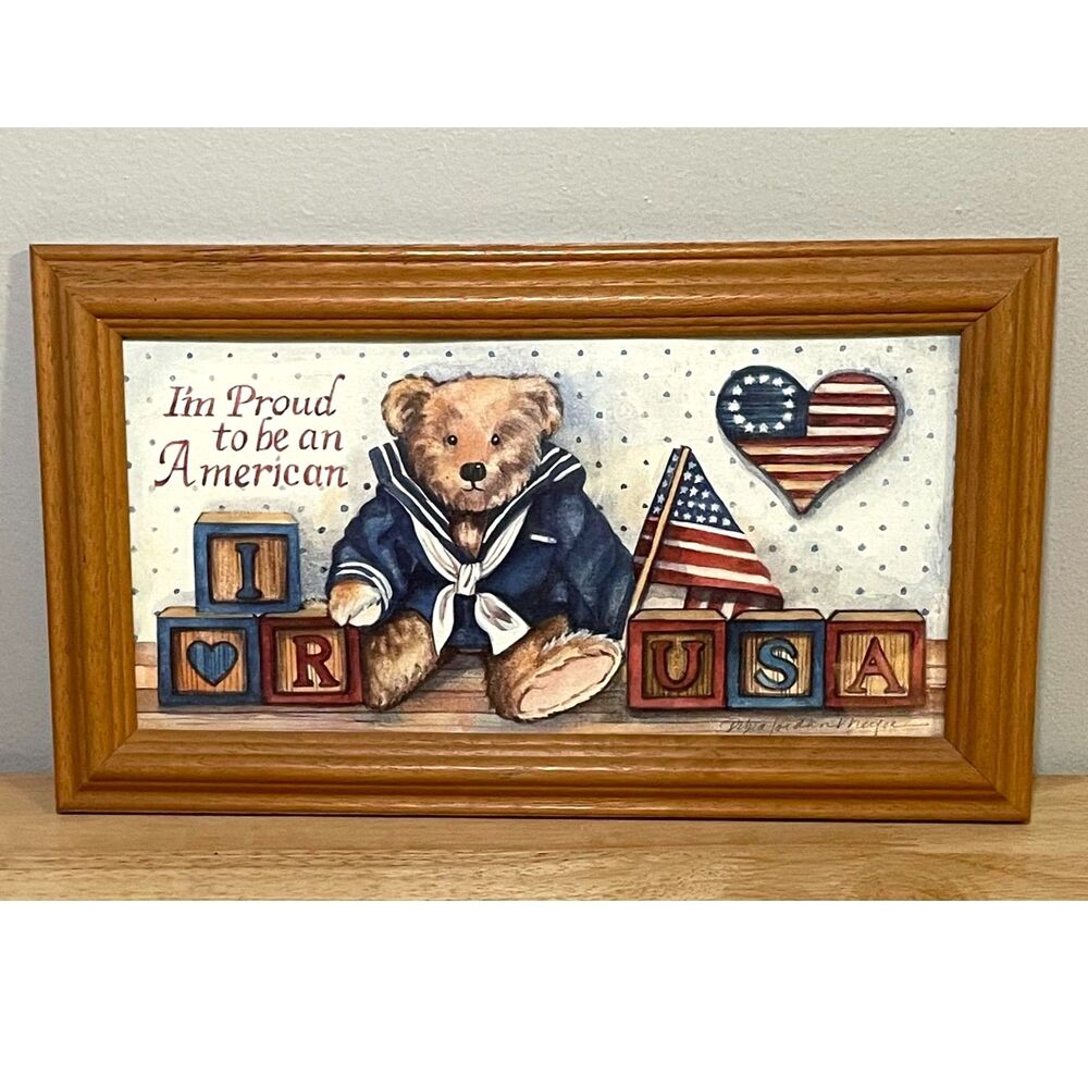 Vintage 1991 Debra Jordan Meyer Patriotic Teddy Bear Framed Wall Art